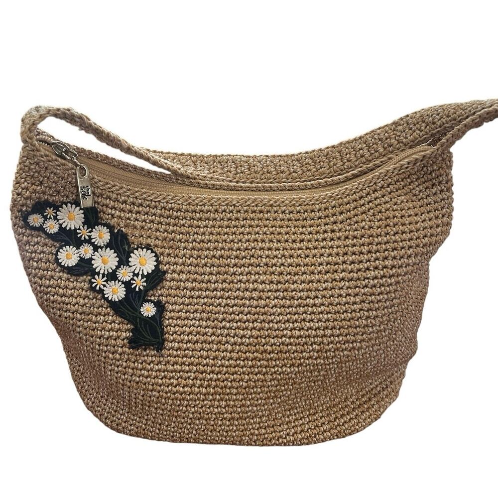Vintage The Sak Hand Crochet Woven Shoulder Bag Neutral Taupe Daisy  Applique